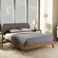 Baxton Studio BBT6607-Grey-Queen-XD45 Penelope Mid-Century Modern Solid Walnut Wood Grey Fabric Upholstered Queen Size Platform Bed